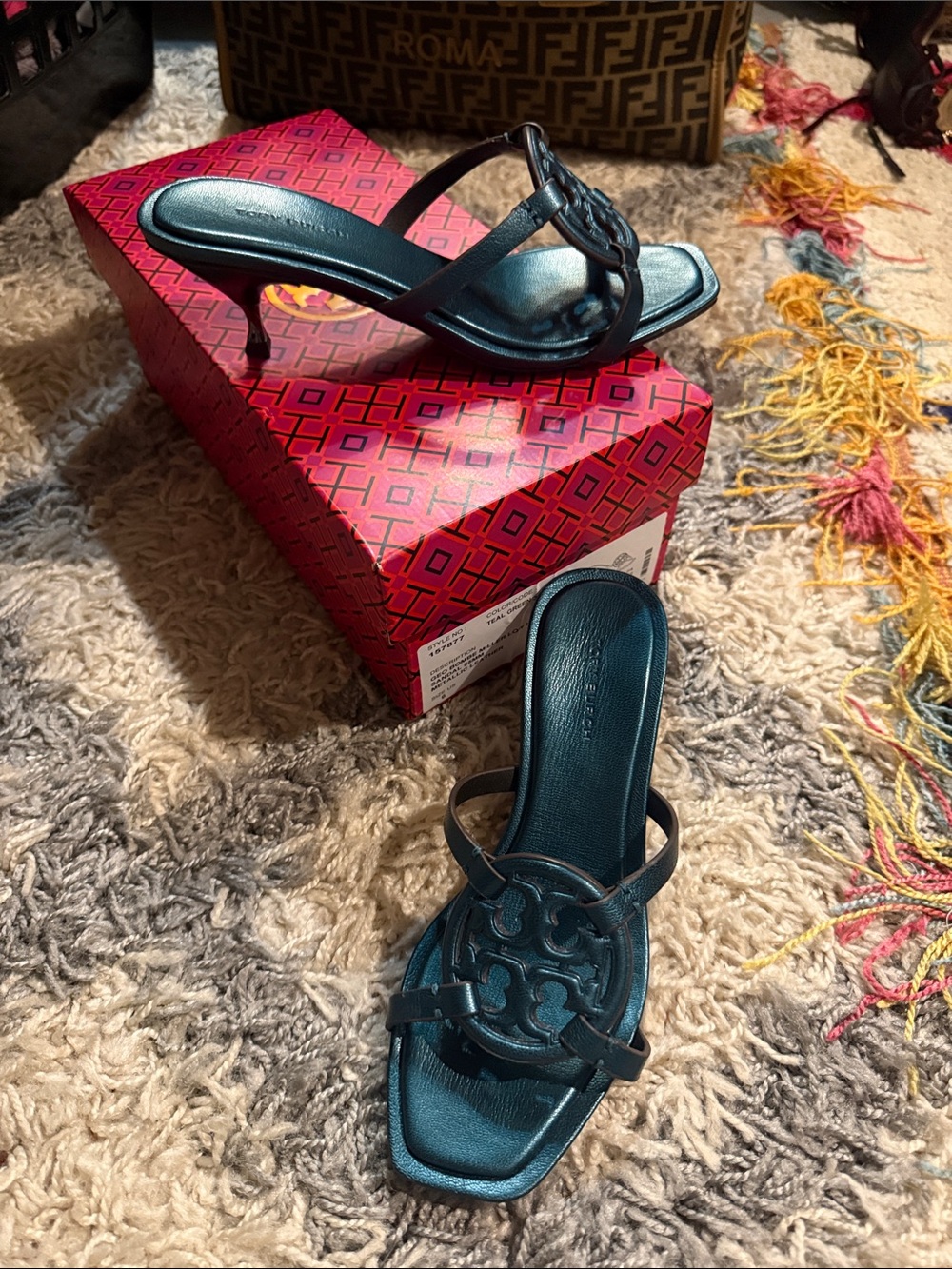 Tory Burch Teal Leather Logo Mid-Heel Mules
